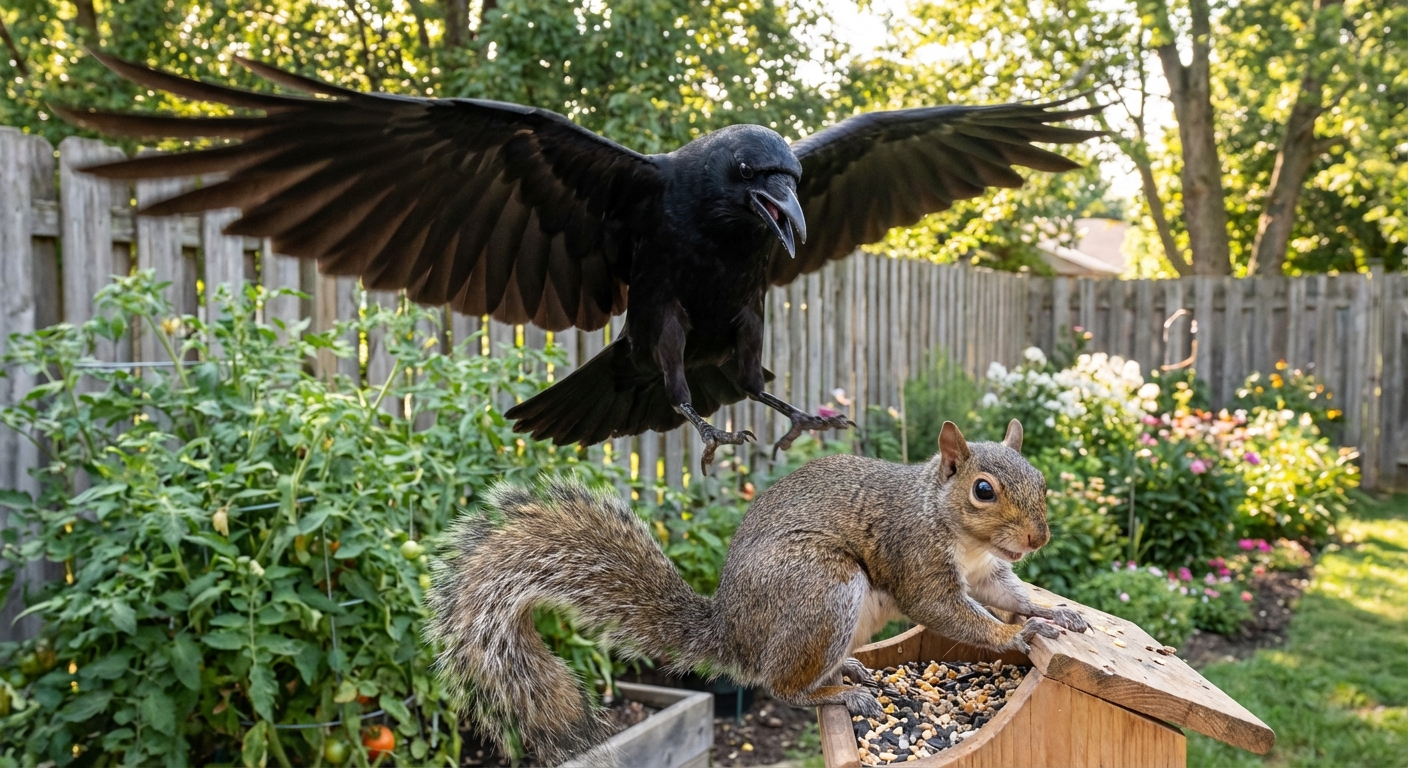 Crow swooping toward a squirrel raiding a bird feeder