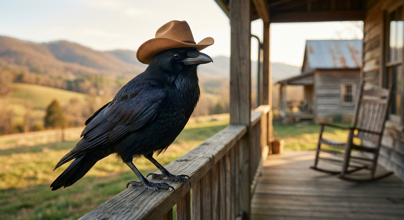 A crow wearing a tan cowboy hat sitting on a porch railing with rolling hills behind it