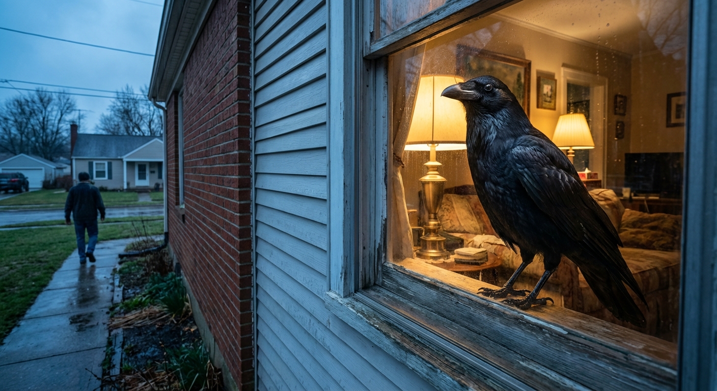 Crow perched alertly at a window watching someone approach
