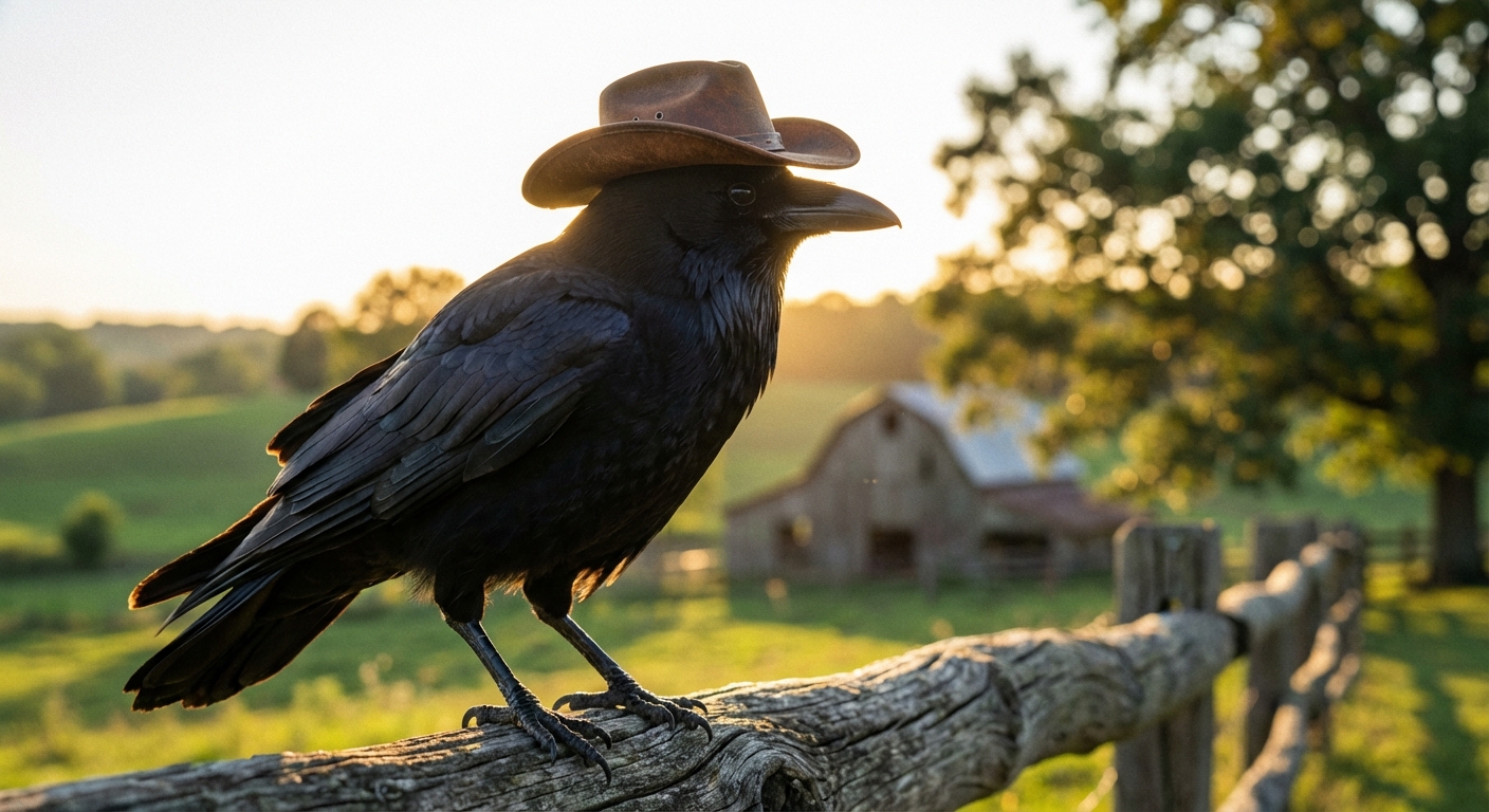 A crow wearing a tiny brown leather cowboy hat perched on a wooden fence post in golden hour light