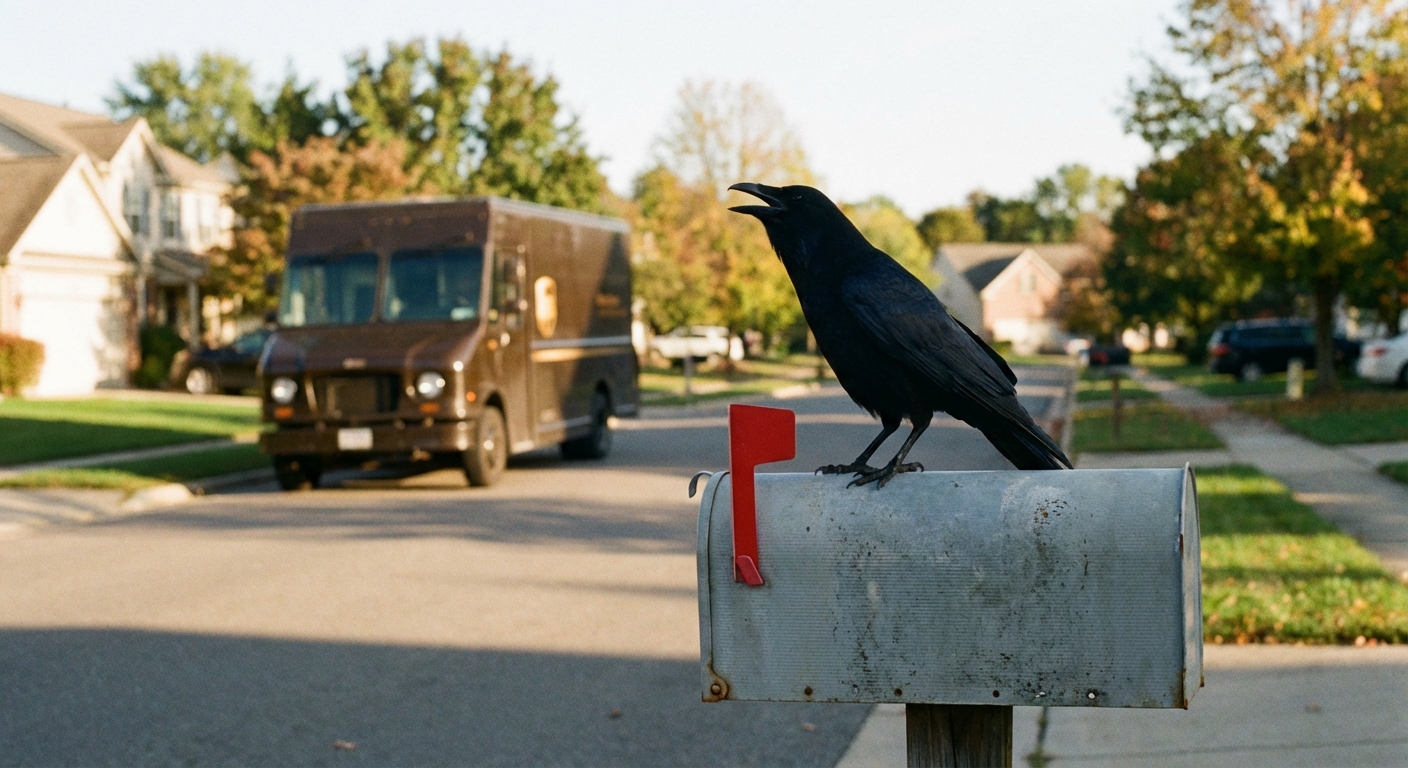 Crow perched on a mailbox alerting about a delivery truck