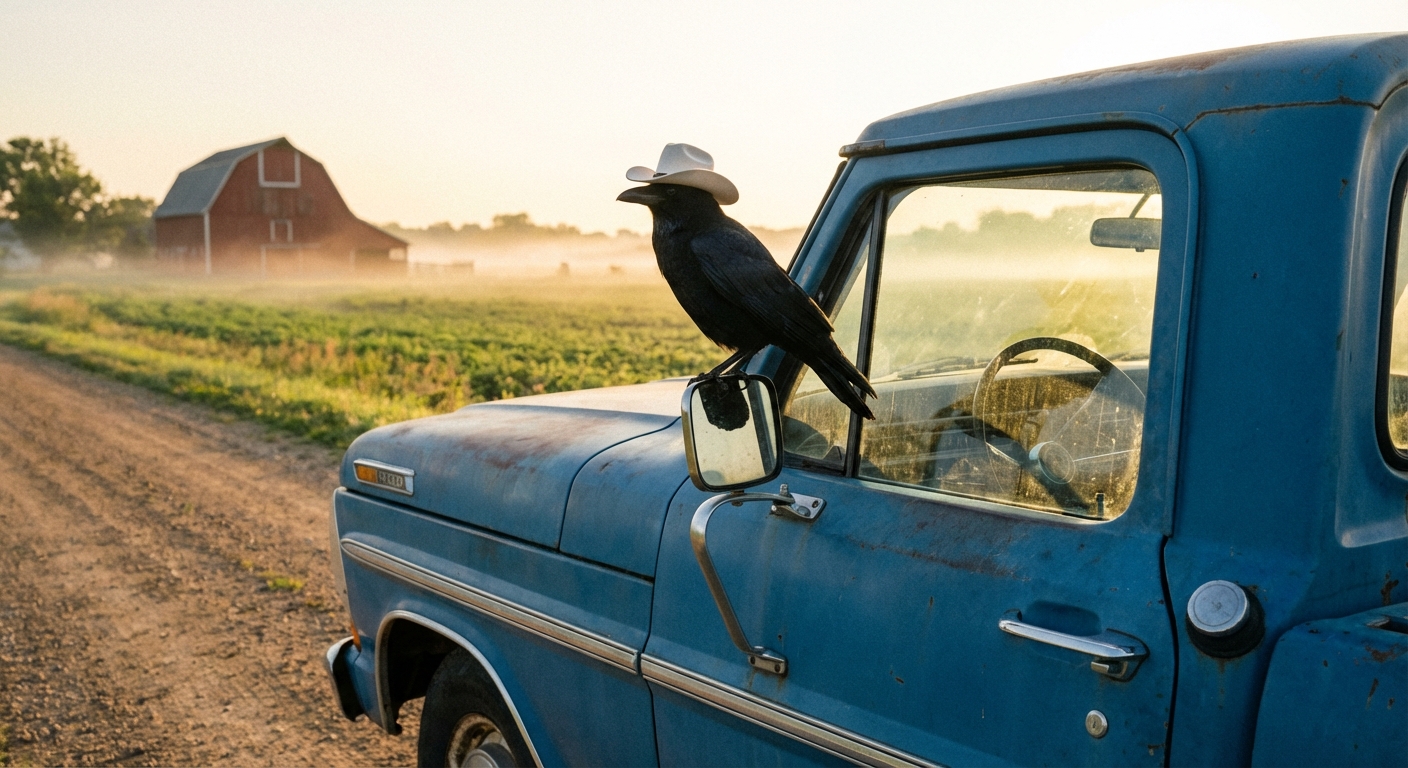 A crow wearing a white cowboy hat perched on a pickup truck side mirror in rural Ohio