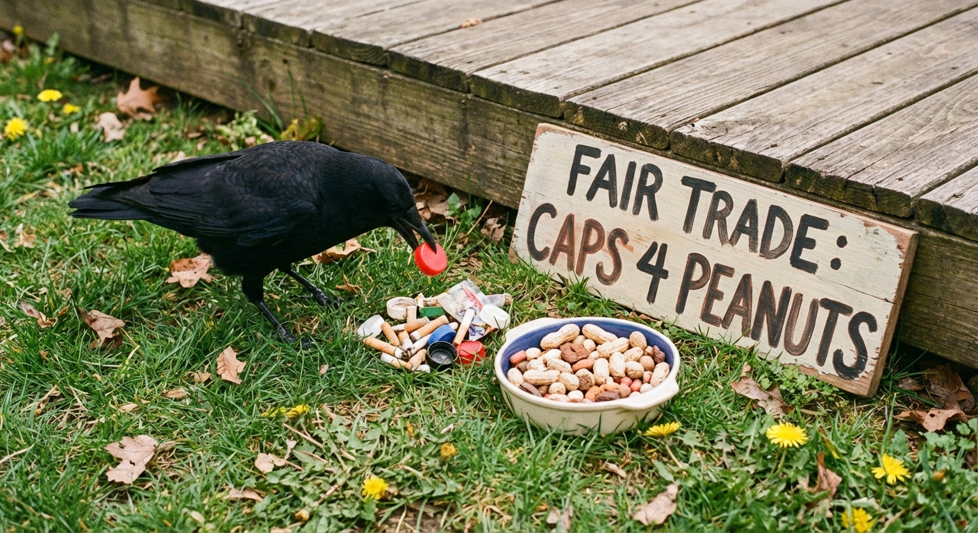 Crow picking up a bottle cap and trading it for a treat